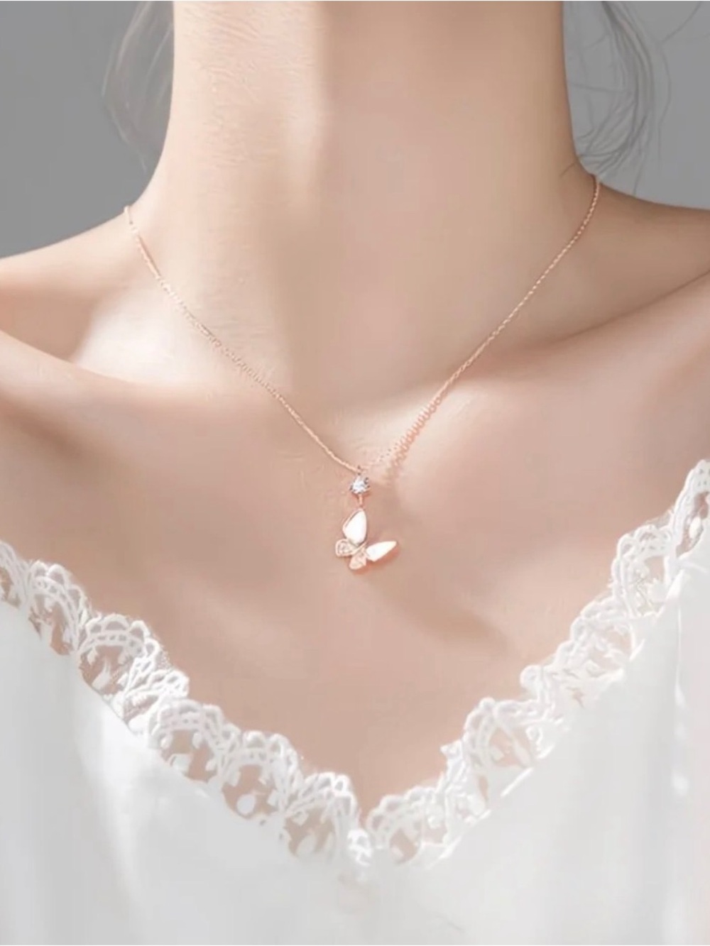 Dainty Rose Gold Butterfly Pendant Necklace - Women Jewelry